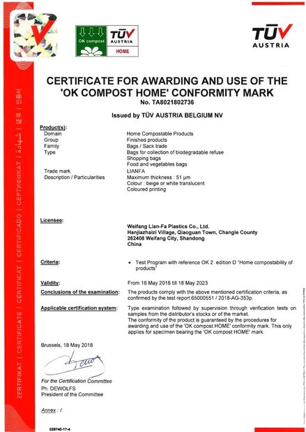 China Weifang Lian-Fa Plastics Co., Ltd. Certificaciones