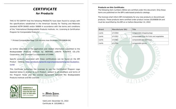 China Weifang Lian-Fa Plastics Co., Ltd. Certificaciones